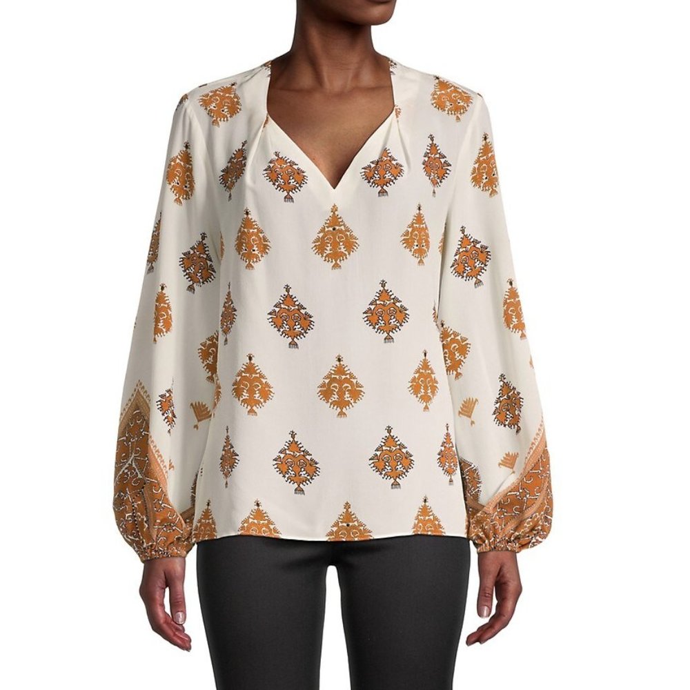 NEW Kobi Halperine Women Ryan Ivory Silk Geometric Patterned Printed Blouse Top